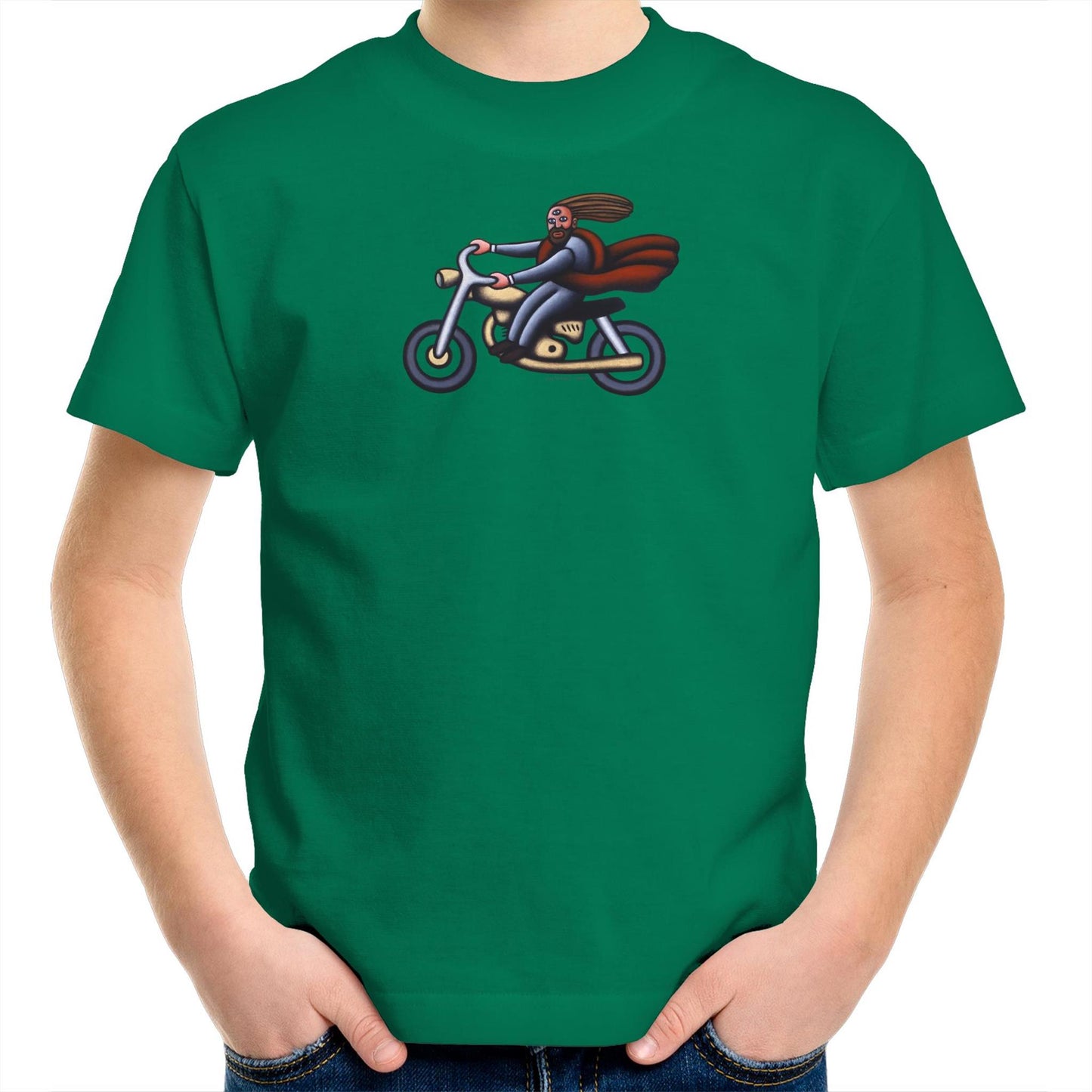 Australian Jesus on the Golden Motorbike T Shirts for Kids