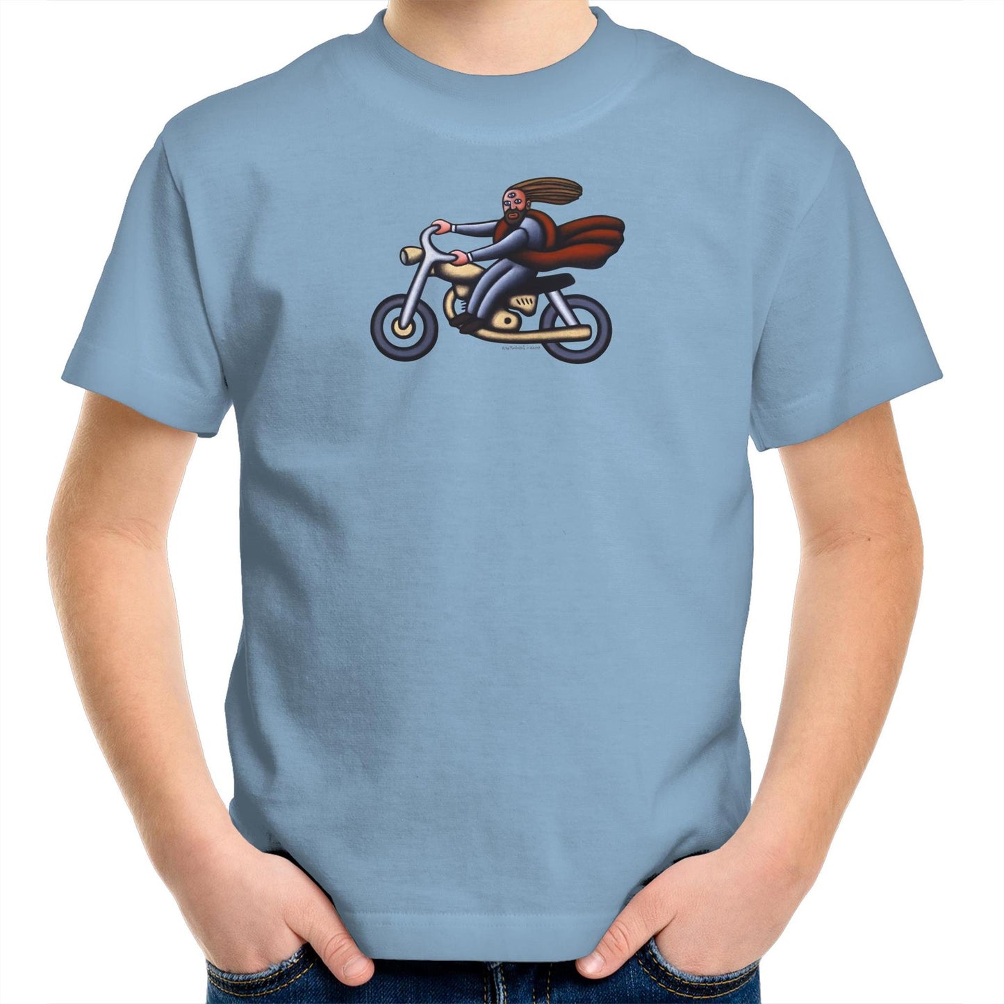 Australian Jesus on the Golden Motorbike T Shirts for Kids