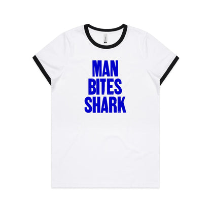 Man Bites Shark Ringer T Shirts for Women