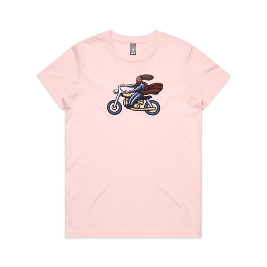 Australian Jesus on the Golden Motorbike T Shirts for Women
