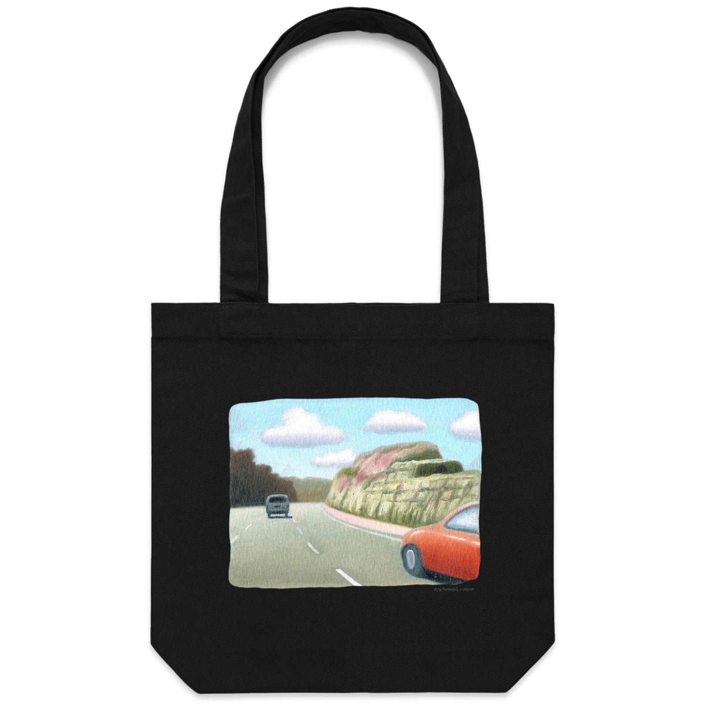 Red Sedan on the M1 Canvas Totes